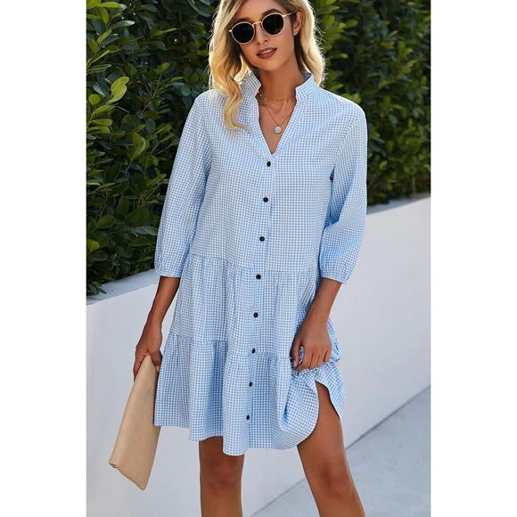 Beachsissi Plaid Print Button Up Split Neck Tunic Dress Coverup Beach NWOT, Sz L - Picture 1 of 8